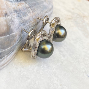 Estate 14KT White Gold Gray Tahitian Pearl + Pave Diamond Omega Back Earrings - Legacy Saint Jewelry