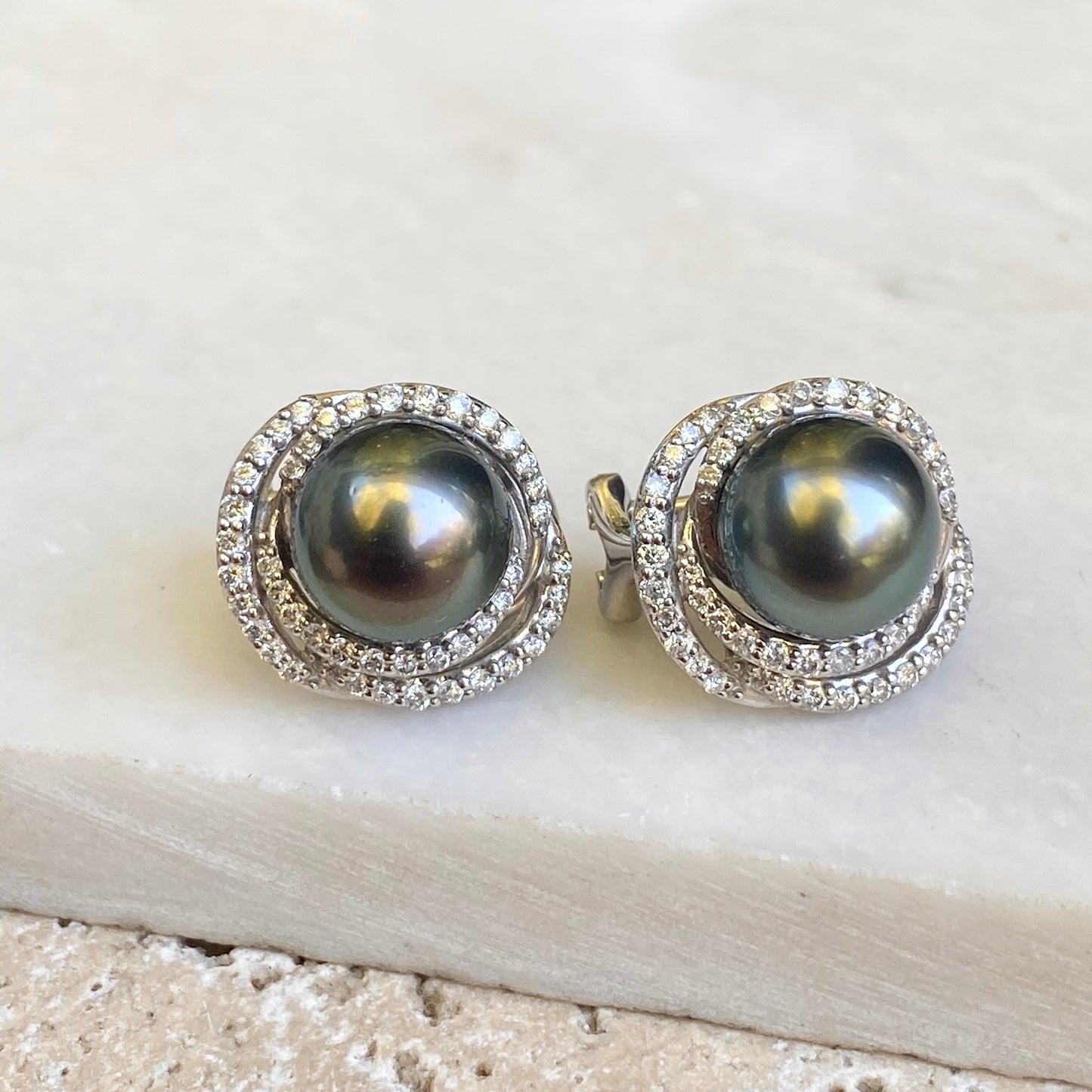 Estate 14KT White Gold Gray Tahitian Pearl + Pave Diamond Omega Back Earrings - Legacy Saint Jewelry