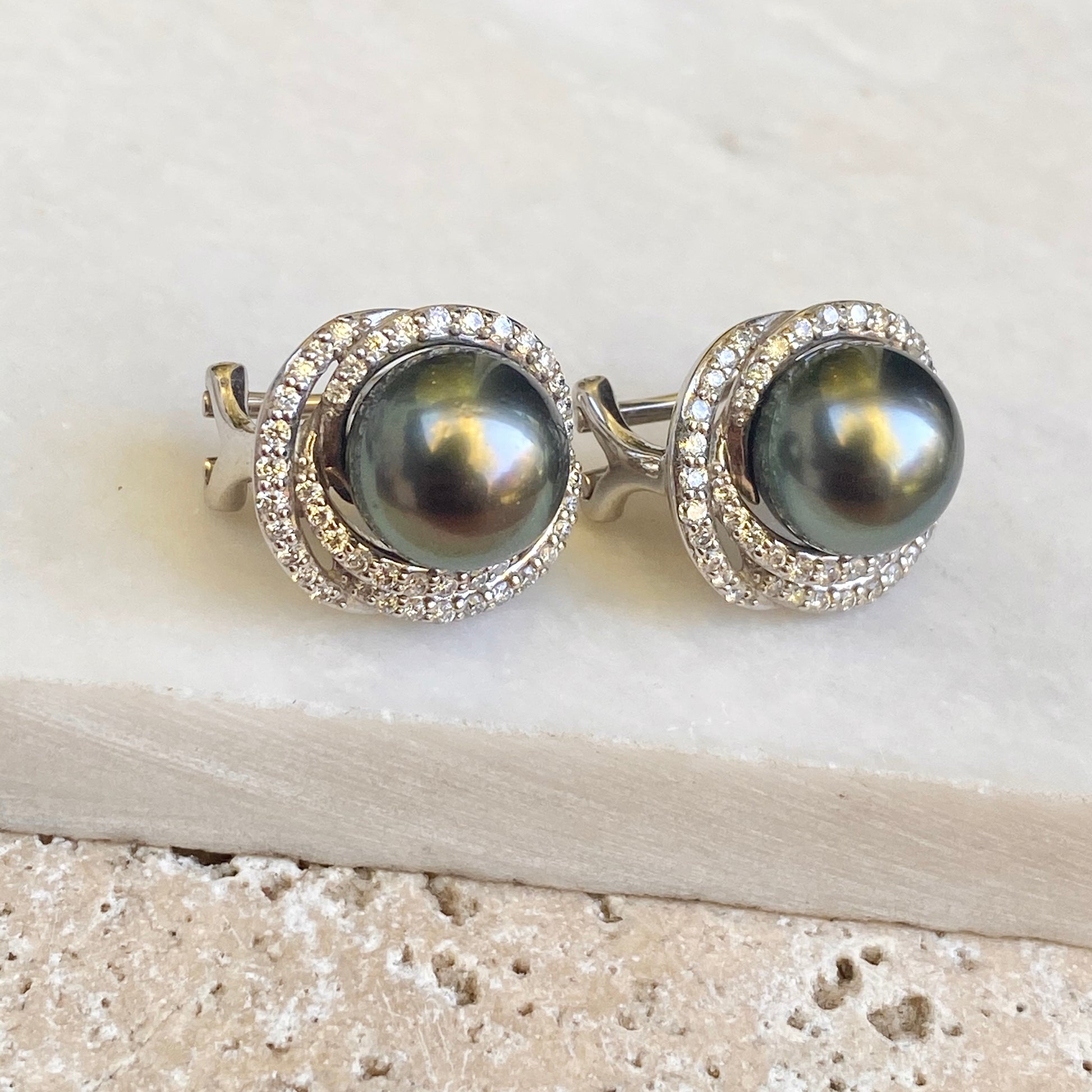 Estate 14KT White Gold Gray Tahitian Pearl + Pave Diamond Omega Back Earrings - Legacy Saint Jewelry