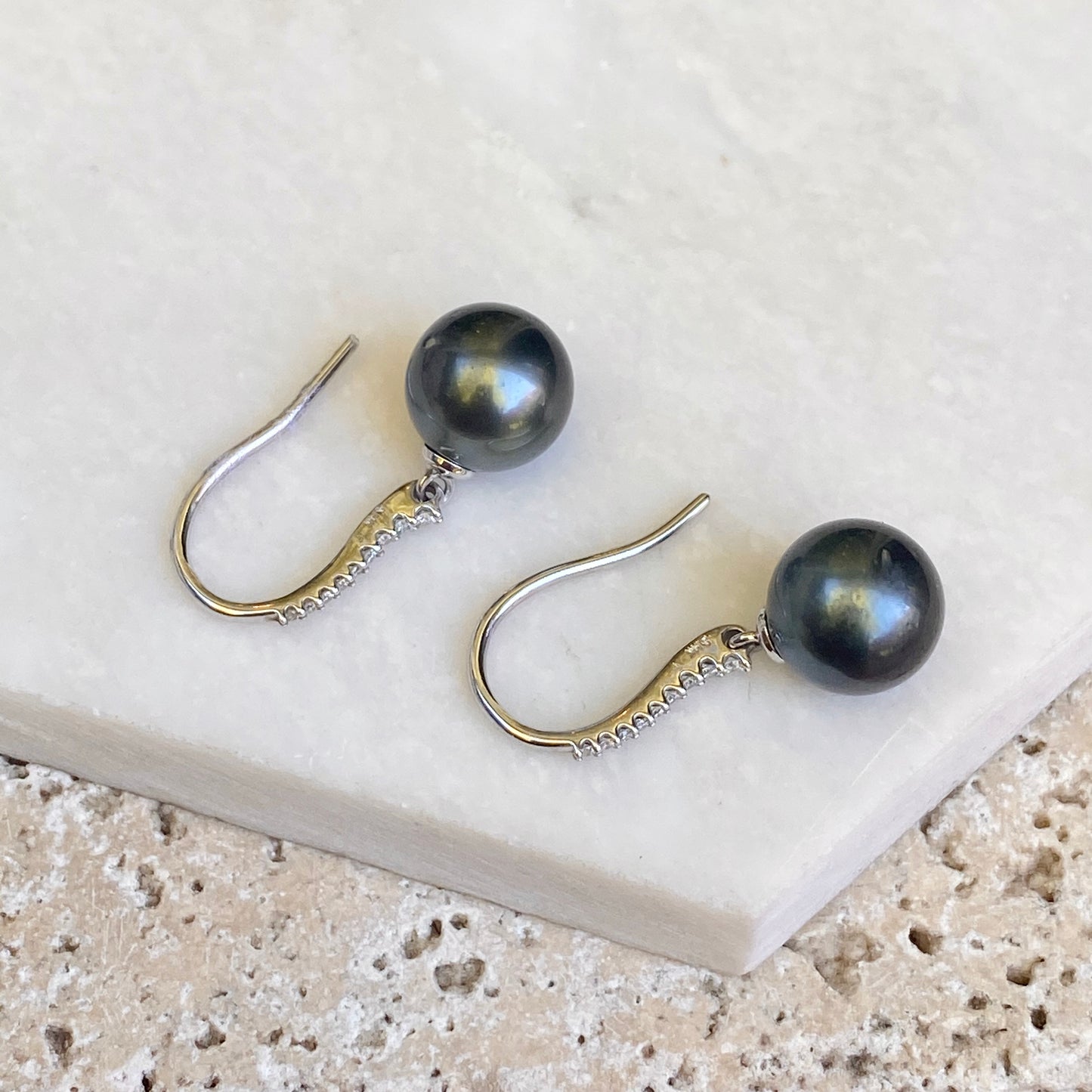 14KT White Gold Black Tahitian Pearl + Pave Diamond Dangle Earrings - Legacy Saint Jewelry