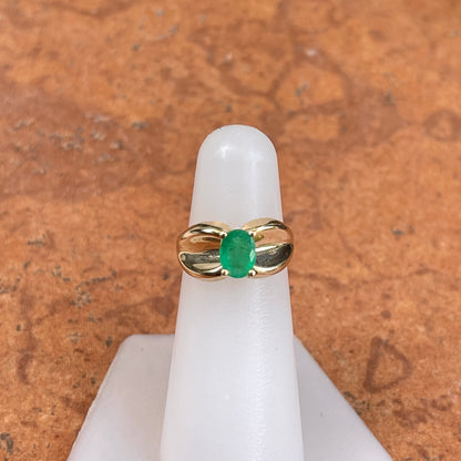 Estate 14KT Yellow Gold Oval 1.00 CT Emerald Concave Wide Band Ring