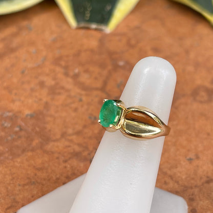 Estate 14KT Yellow Gold Oval 1.00 CT Emerald Concave Wide Band Ring