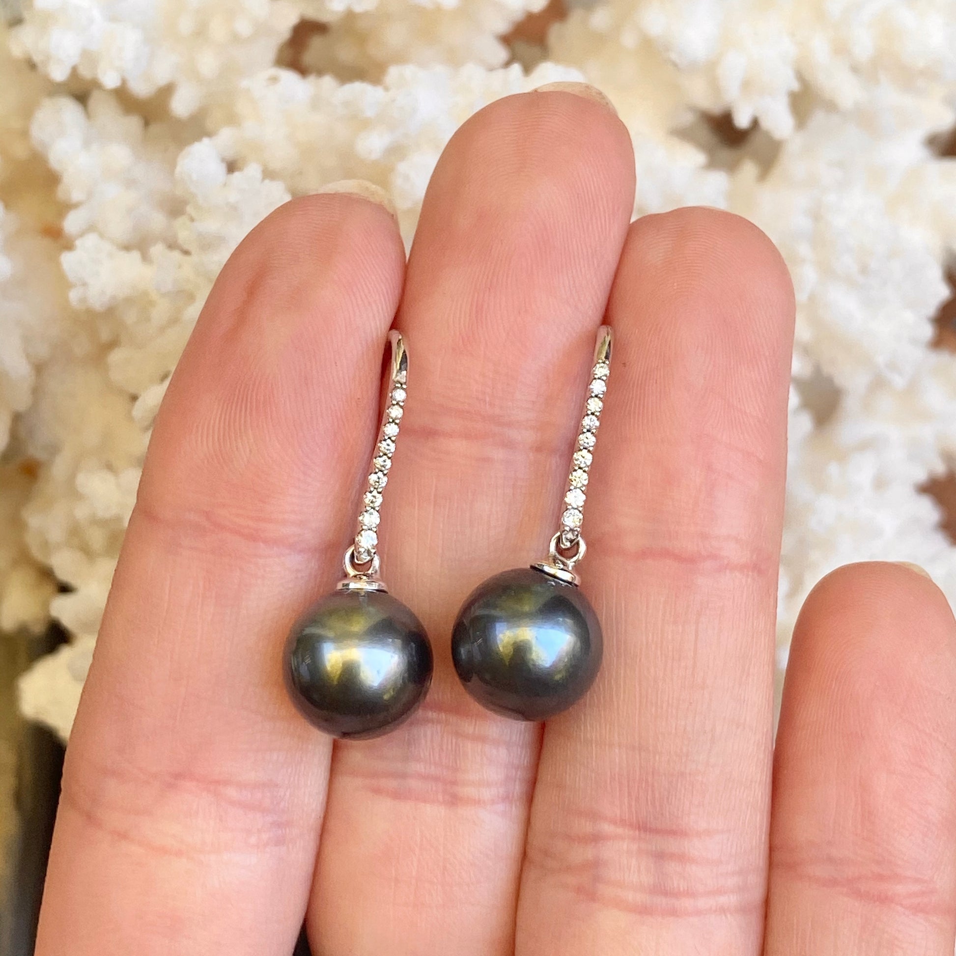 14KT White Gold Black Tahitian Pearl + Pave Diamond Dangle Earrings - Legacy Saint Jewelry