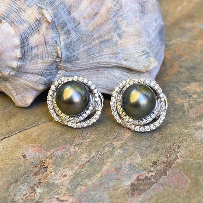 Estate 14KT White Gold Gray Tahitian Pearl + Pave Diamond Omega Back Earrings - Legacy Saint Jewelry