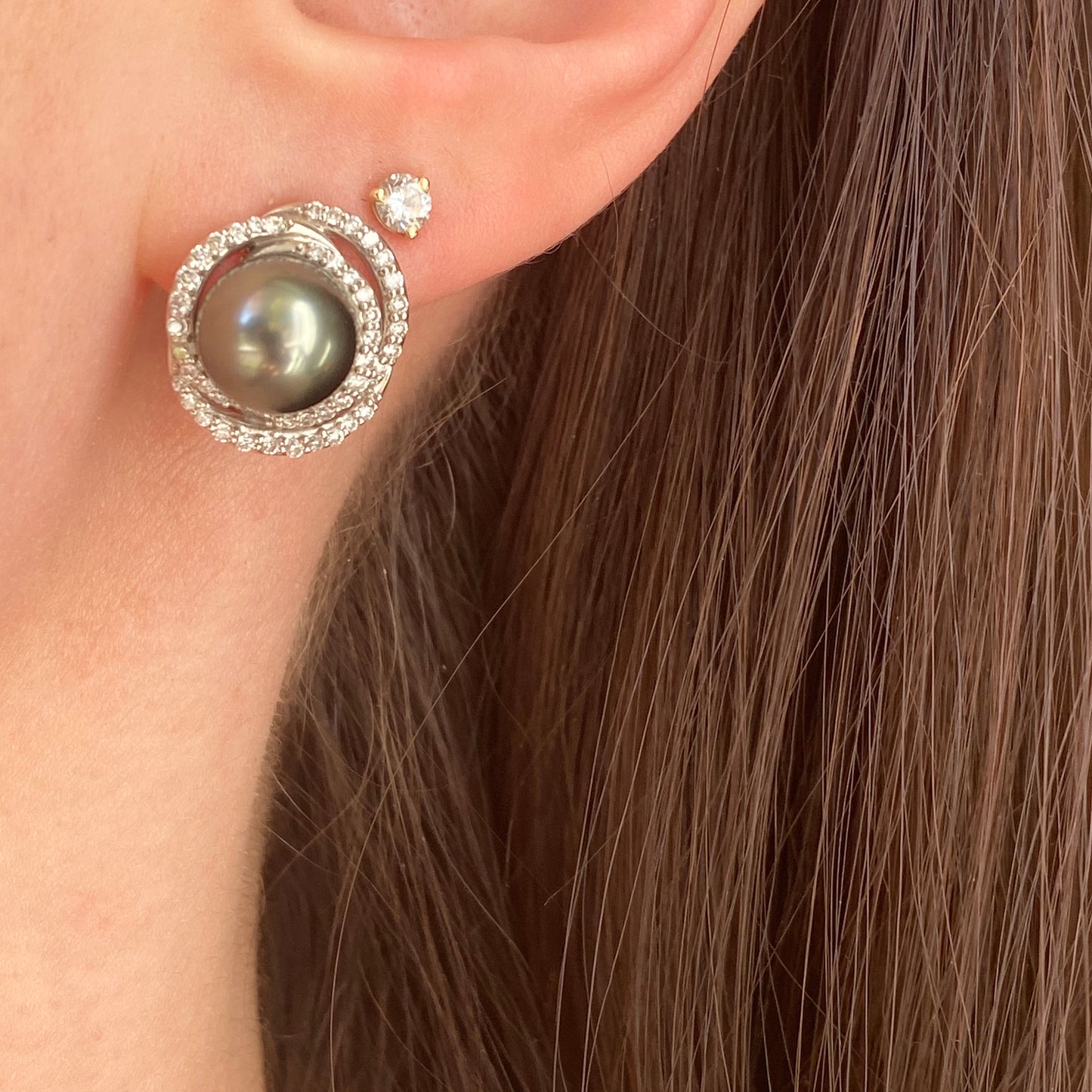 Estate 14KT White Gold Gray Tahitian Pearl + Pave Diamond Omega Back Earrings - Legacy Saint Jewelry