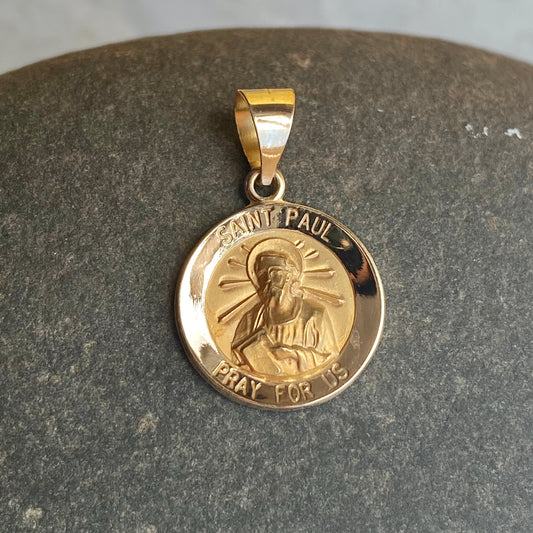 14KT Yellow Gold Satin Saint Paul Hollow Round Medal Pendant, 14KT Yellow Gold Satin Saint Paul Hollow Round Medal Pendant - Legacy Saint Jewelry