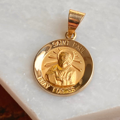 14KT Yellow Gold Satin Saint Paul Hollow Round Medal Pendant, 14KT Yellow Gold Satin Saint Paul Hollow Round Medal Pendant - Legacy Saint Jewelry