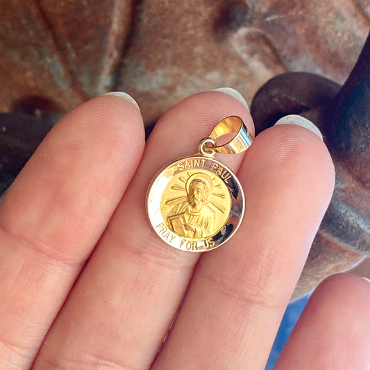 14KT Yellow Gold Satin Saint Paul Hollow Round Medal Pendant, 14KT Yellow Gold Satin Saint Paul Hollow Round Medal Pendant - Legacy Saint Jewelry