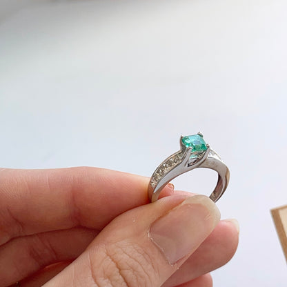 Estate 14KT White Gold .62 CT Princess-Cut Emerald + Diamond Ring