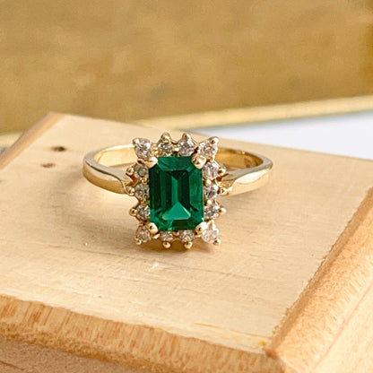 Estate 14KT Yellow Gold Emerald-Cut Lab Emerald + Diamond Halo Ring