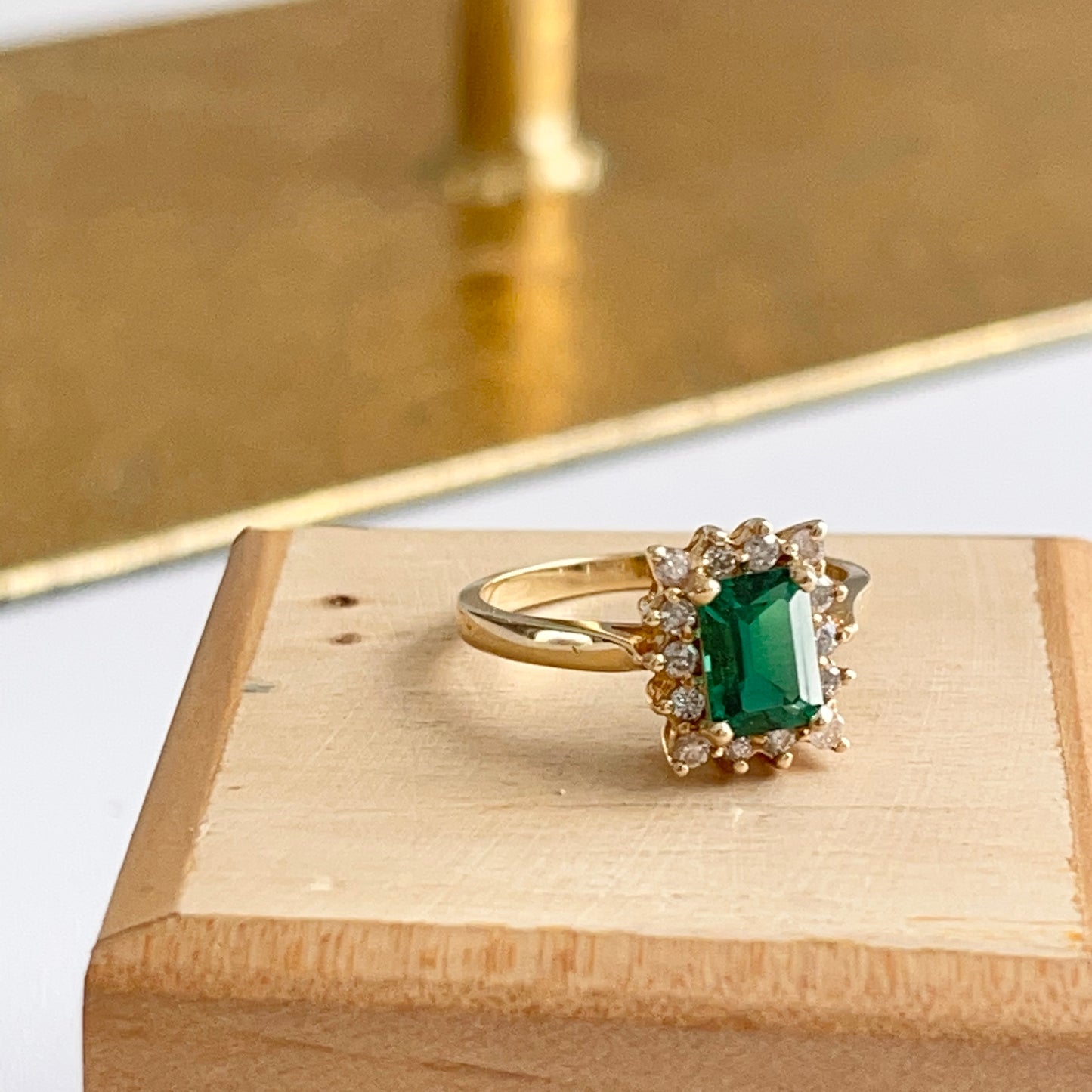 Estate 14KT Yellow Gold Emerald-Cut Lab Emerald + Diamond Halo Ring