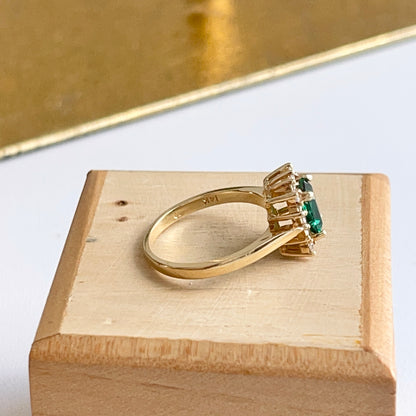 Estate 14KT Yellow Gold Emerald-Cut Lab Emerald + Diamond Halo Ring