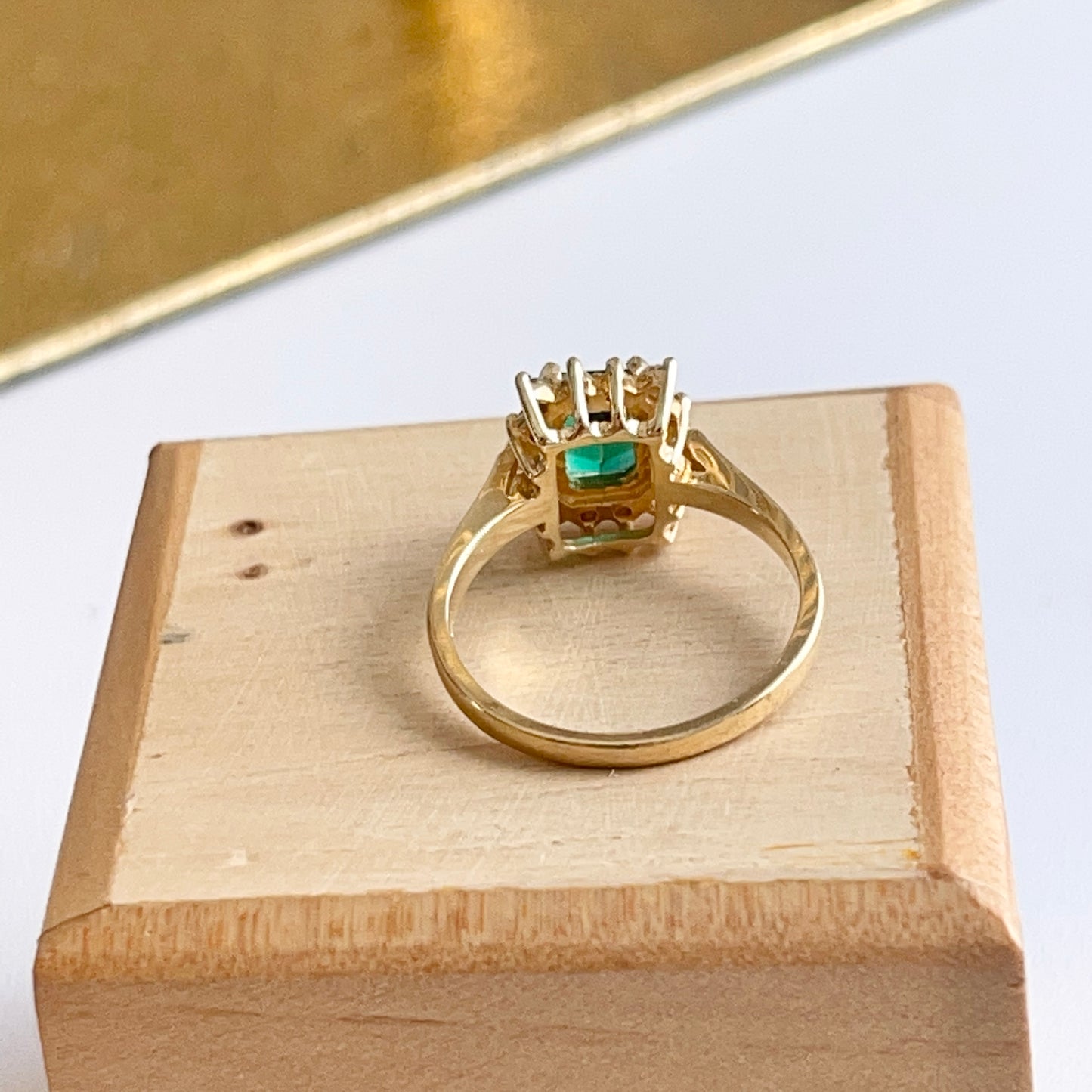 Estate 14KT Yellow Gold Emerald-Cut Lab Emerald + Diamond Halo Ring