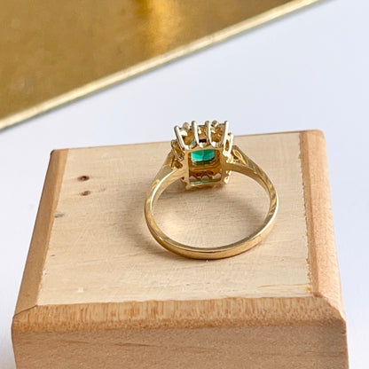 Estate 14KT Yellow Gold Emerald-Cut Lab Emerald + Diamond Halo Ring