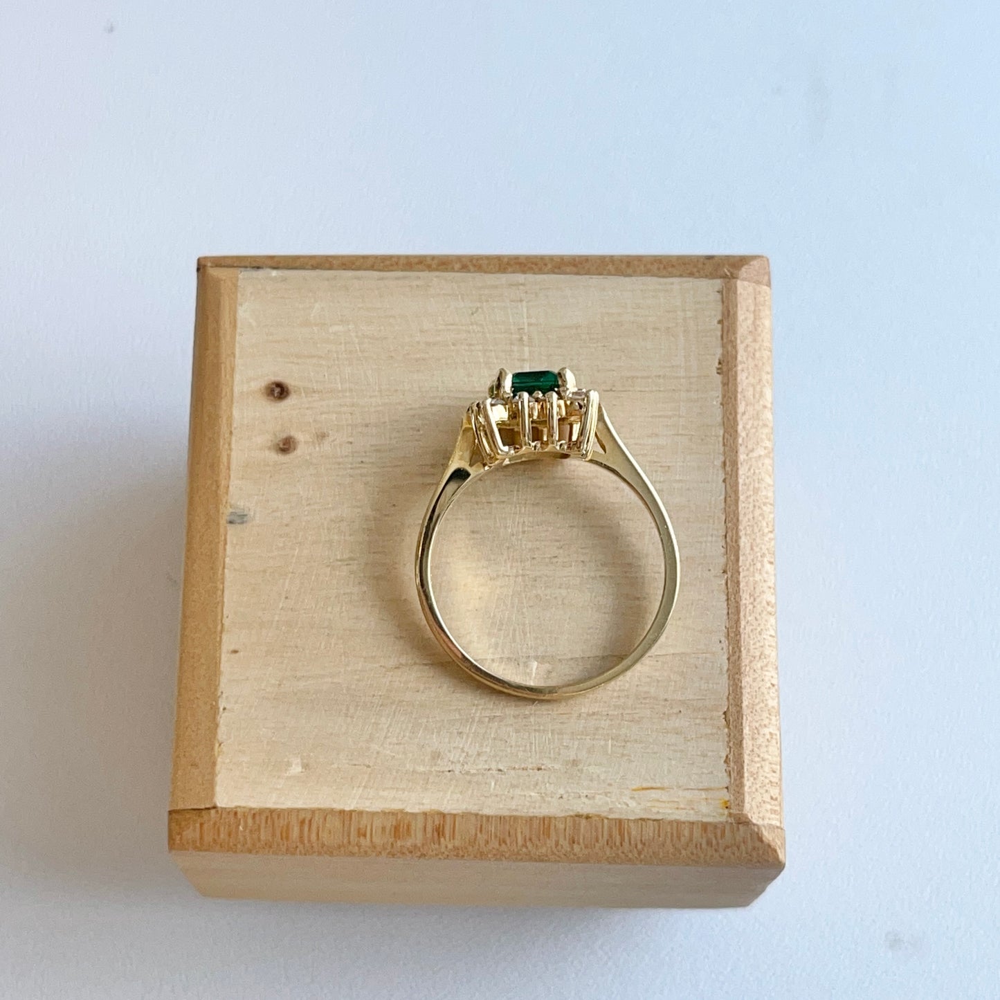 Estate 14KT Yellow Gold Emerald-Cut Lab Emerald + Diamond Halo Ring