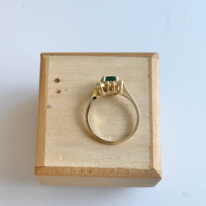 Estate 14KT Yellow Gold Emerald-Cut Lab Emerald + Diamond Halo Ring