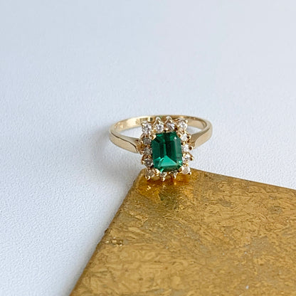 Estate 14KT Yellow Gold Emerald-Cut Lab Emerald + Diamond Halo Ring