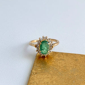 Estate 18KT Yellow Gold Oval 1.50 CT Emerald + Diamond Ring