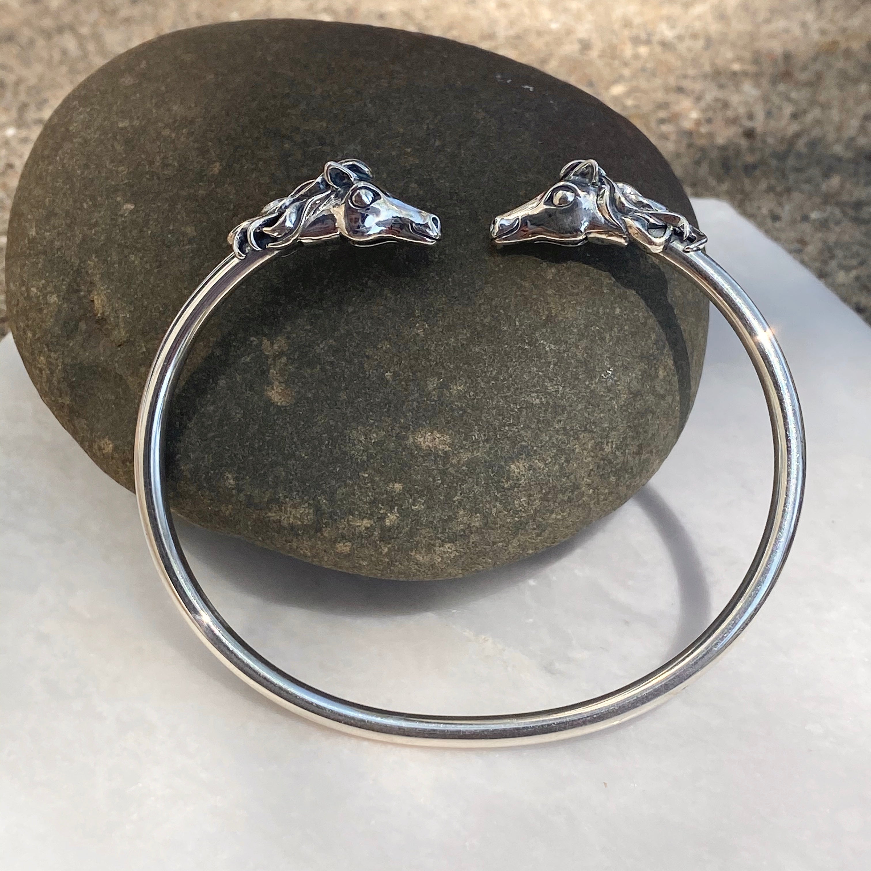 Sterling Silver Polished Double Horse Head Bangle Cuff Bracelet