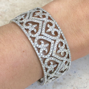 Estate 14KT White Gold Filigree Pave Diamond Heart Fleur de Lis Cuff Bracelet - Legacy Saint Jewelry