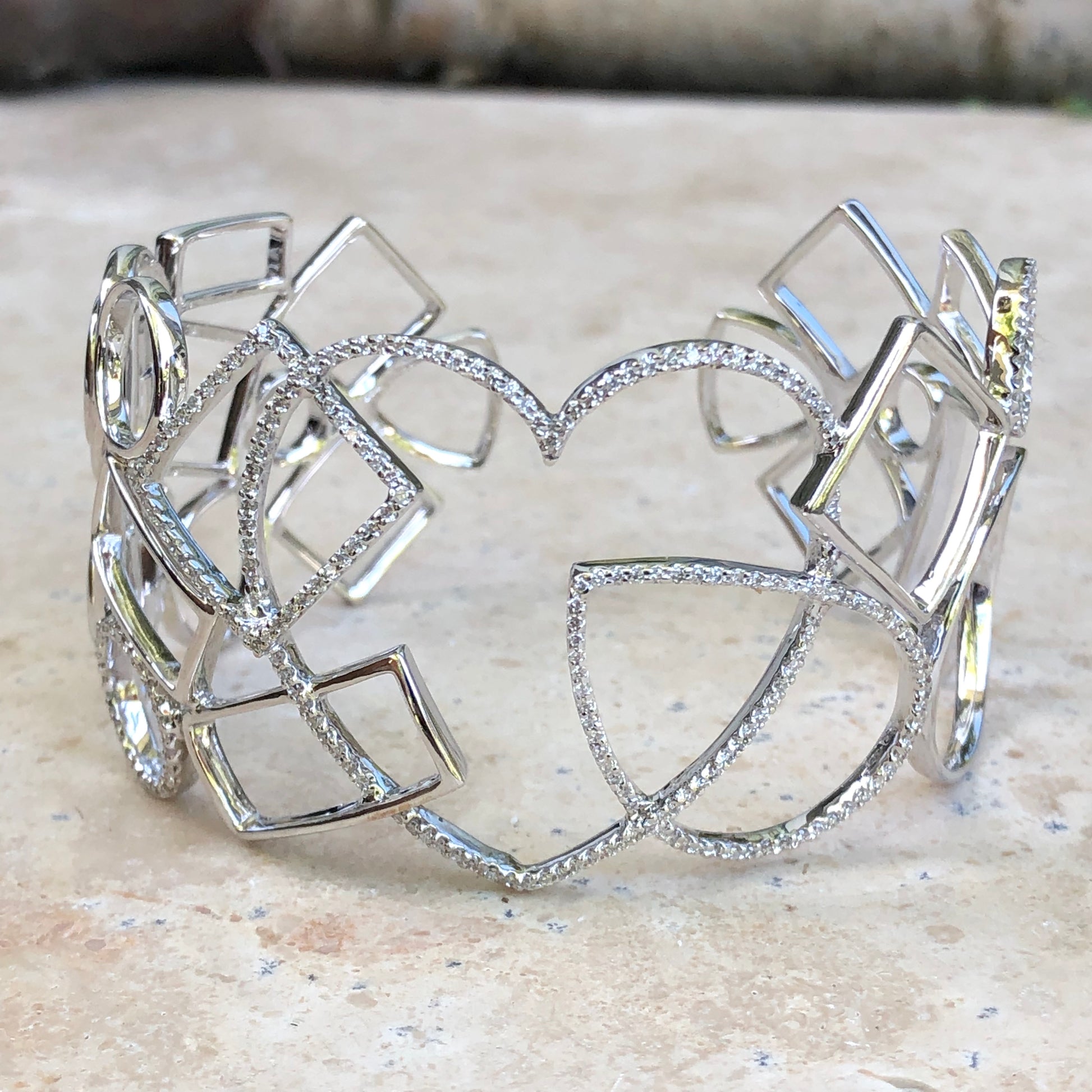 Estate 18KT White Gold Pave Diamond Heart Filigree Cuff Bracelet, Estate 18KT White Gold Pave Diamond Heart Filigree Cuff Bracelet - Legacy Saint Jewelry