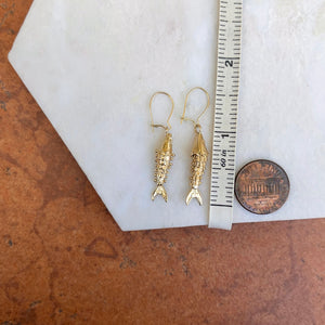 14KT Yellow Gold Detailed Moveable Fish Euro Wire Earrings