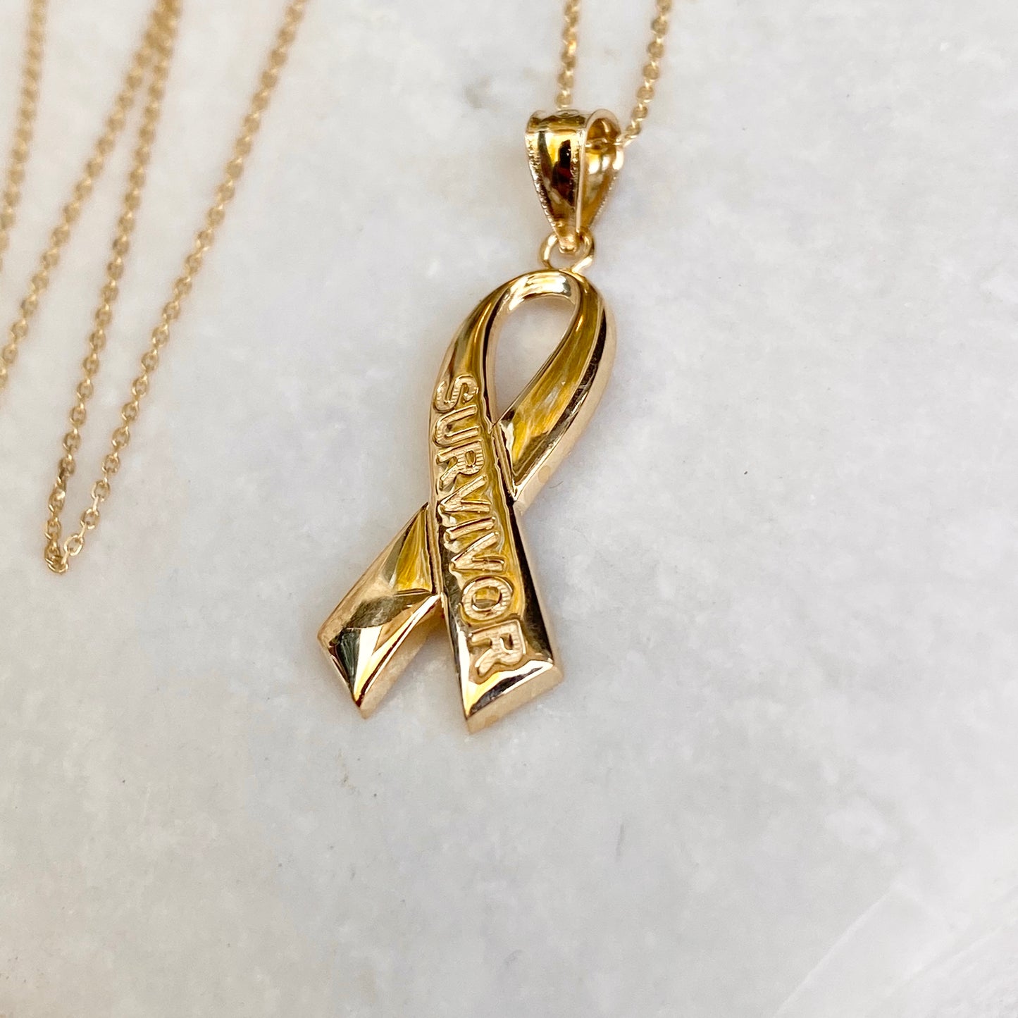 14KT Yellow Gold Cancer Awareness Survivor Ribbon Pendant Chain Necklace