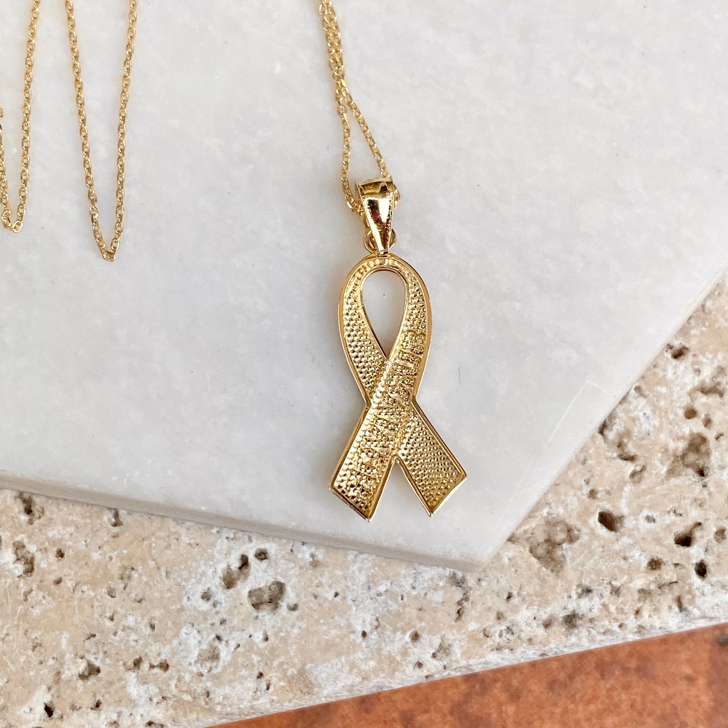 14KT Yellow Gold Cancer Awareness Survivor Ribbon Pendant Chain Necklace