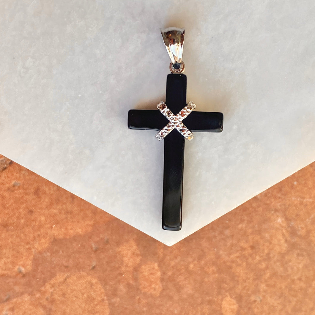 Sterling Silver Diamond-Cut Black Onyx Cross Pendant, Sterling Silver Diamond-Cut Black Onyx Cross Pendant - Legacy Saint Jewelry