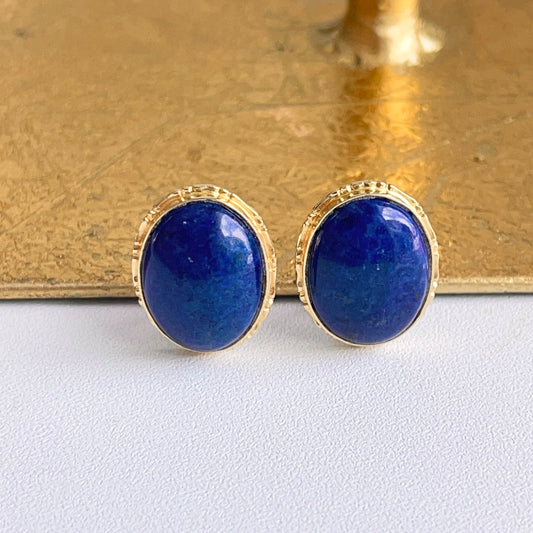 Estate 14KT Yellow Gold Oval Blue Lapis Omega Back Earrings