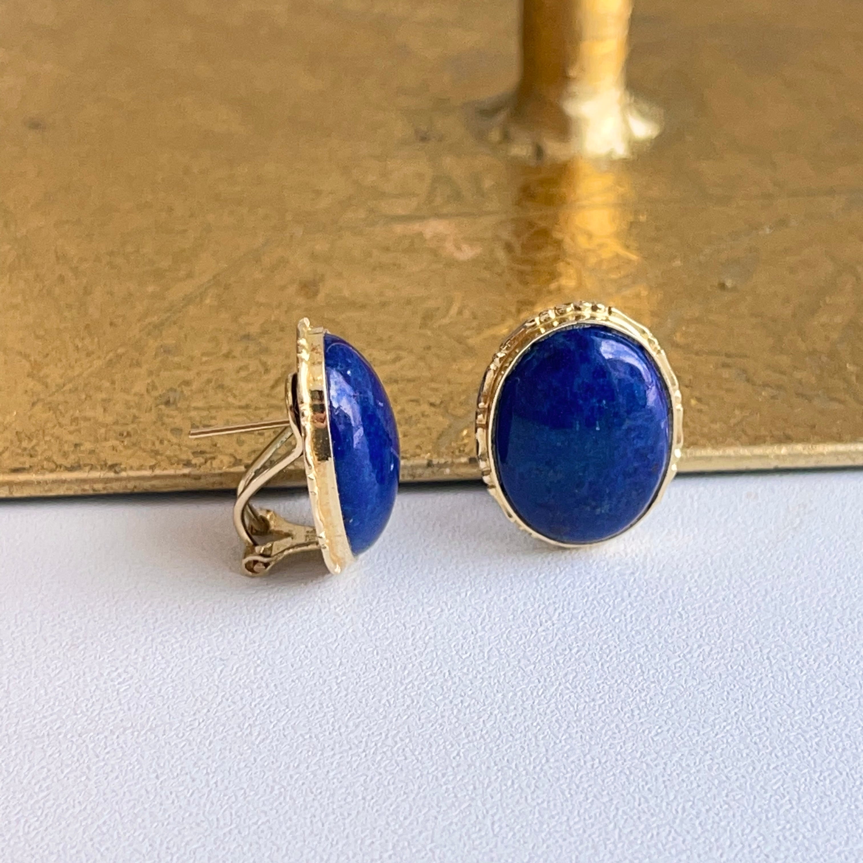 Estate 14KT Yellow Gold Oval Blue Lapis Omega Back Earrings LSJ