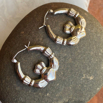 Sterling Silver Celtic Claddagh Hollow Medium Hoop Earrings, Sterling Silver Celtic Claddagh Hollow Medium Hoop Earrings - Legacy Saint Jewelry