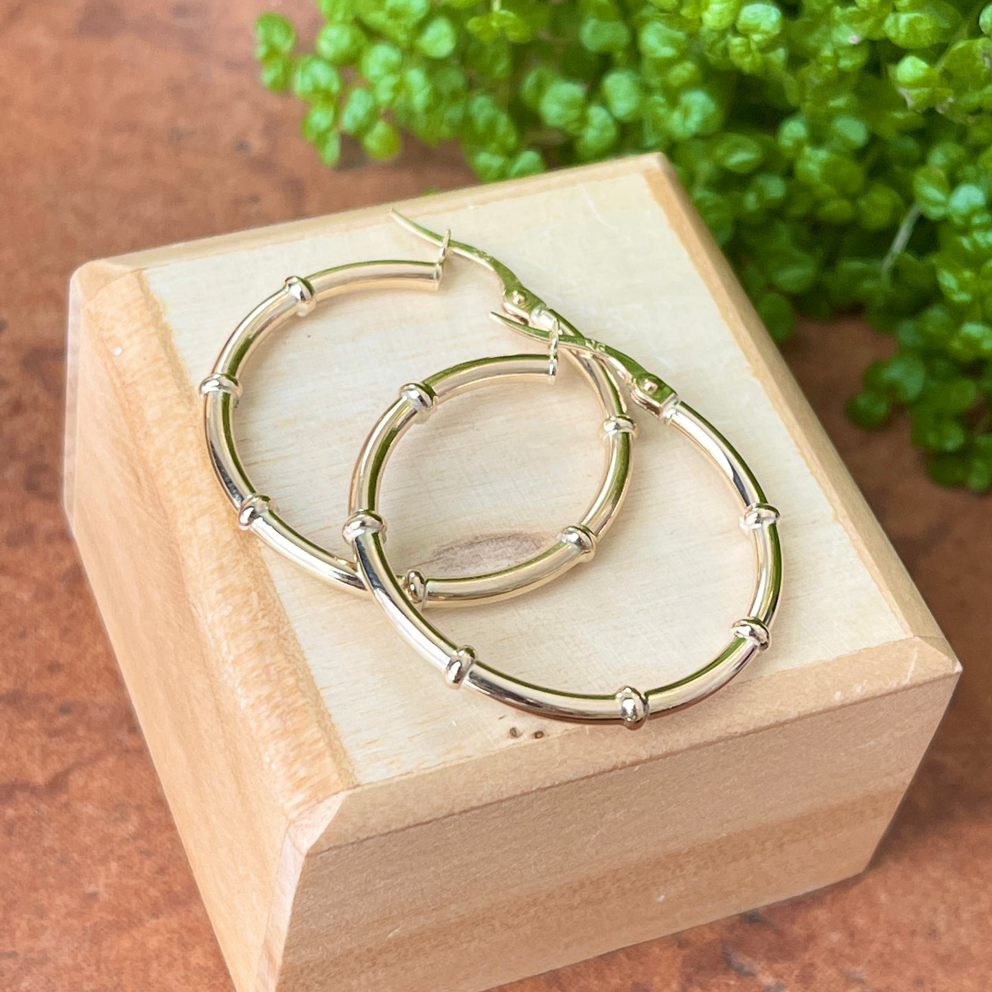 14KT Yellow Gold Bamboo Tube Hoop Earrings 28mm