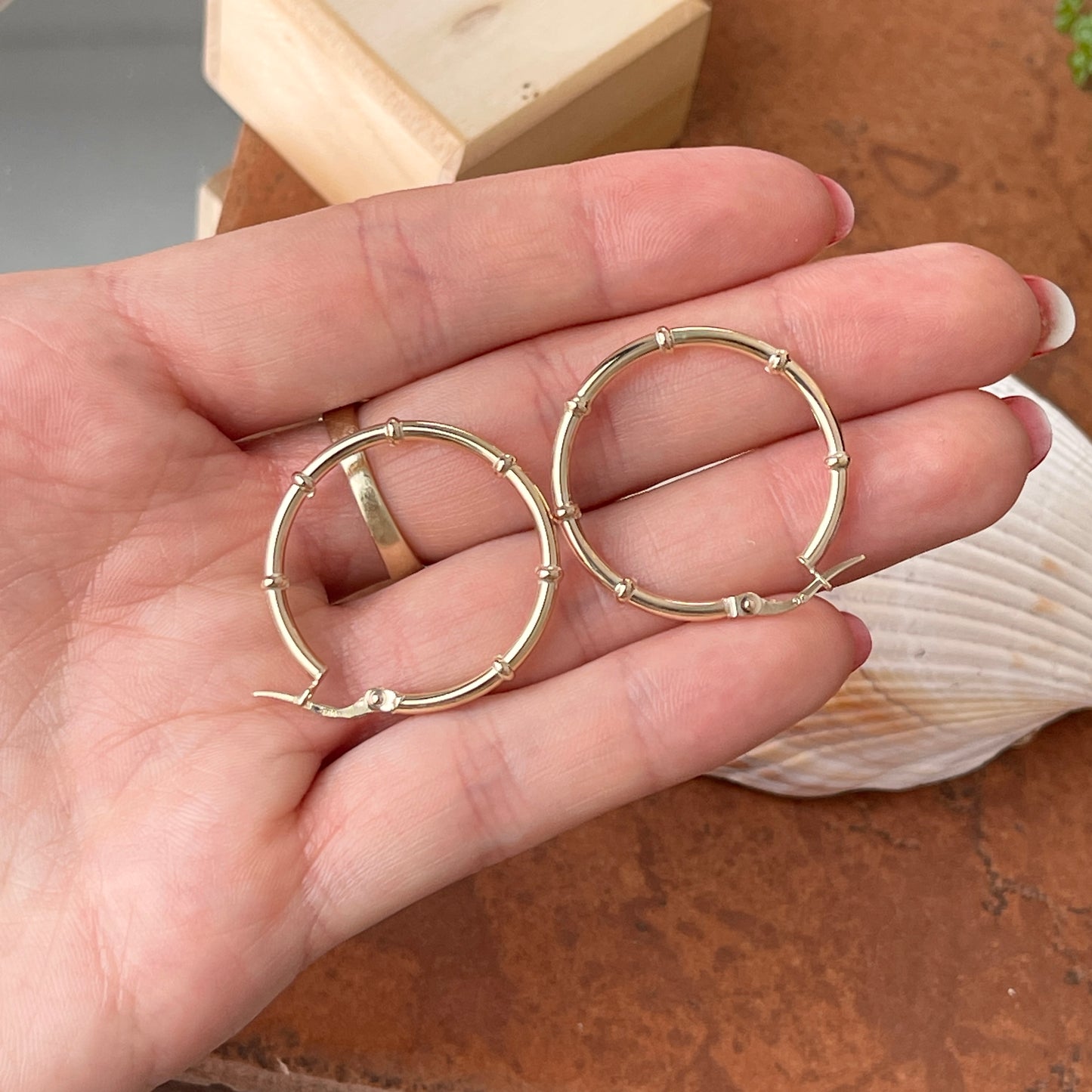 14KT Yellow Gold Bamboo Tube Hoop Earrings 28mm