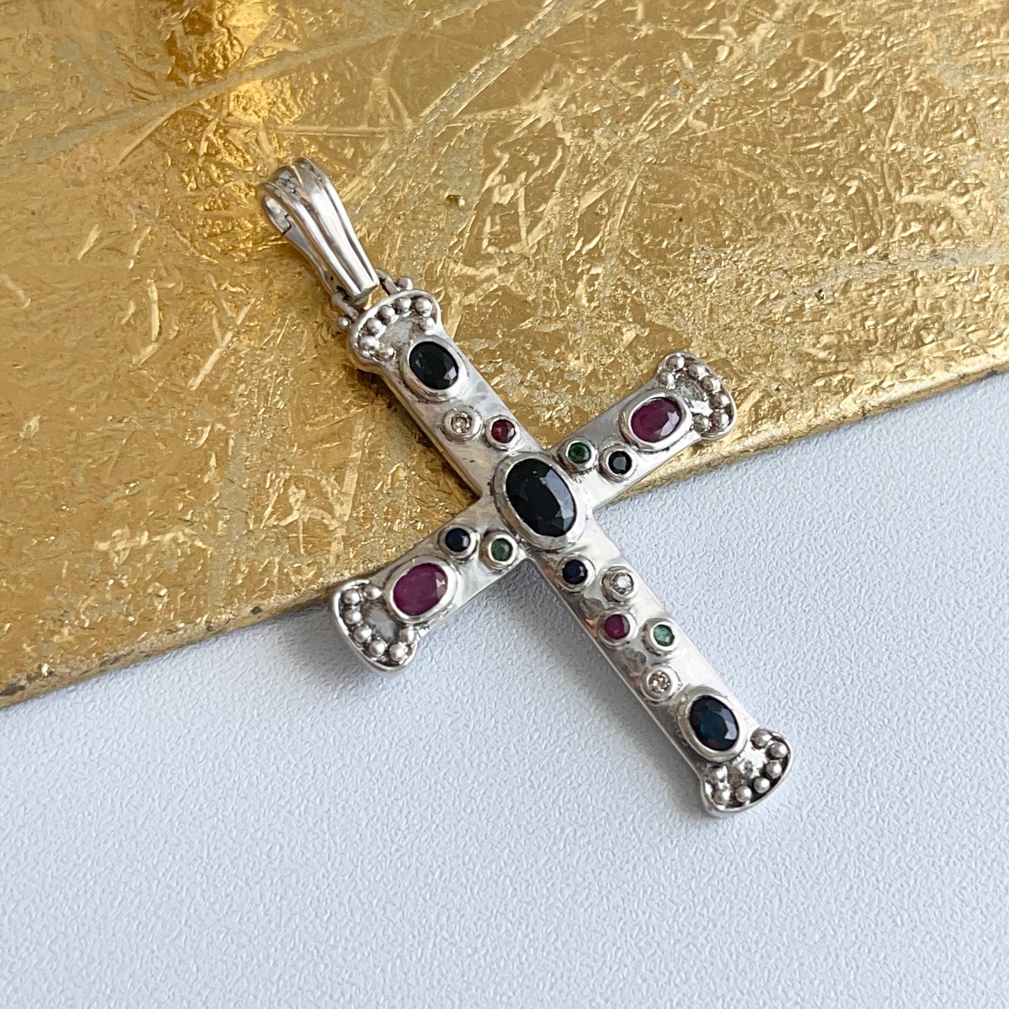 Sterling Silver Sapphire, Ruby + Emerald Byzantine Medieval Cross Slide Pendant - LSJ