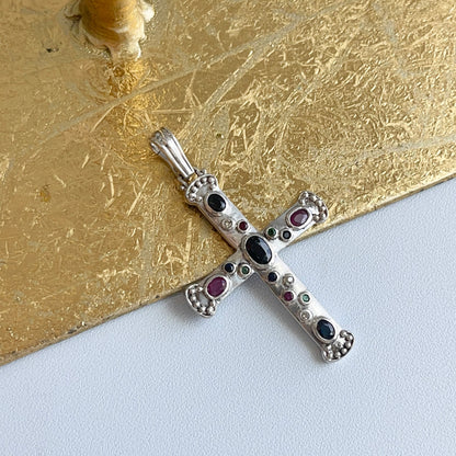 Sterling Silver Sapphire, Ruby + Emerald Byzantine Medieval Cross Slide Pendant - LSJ