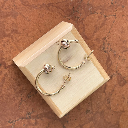 14KT Yellow Gold, Rose Gold, + White Rhodium Love Knot Charm Hoop Earrings