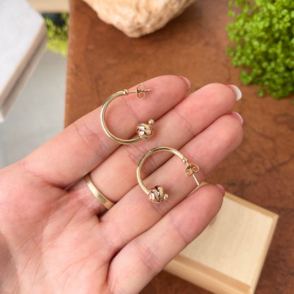 14KT Yellow Gold, Rose Gold, + White Rhodium Love Knot Charm Hoop Earrings