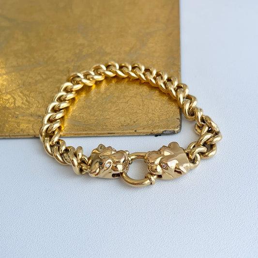 Estate 14KT Yellow Gold Double Panther Head Diamond Curb Chain Bracelet