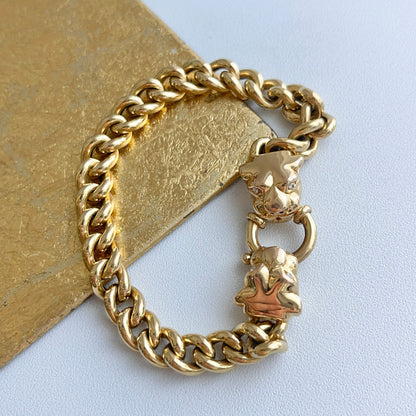 Estate 14KT Yellow Gold Double Panther Head Diamond Curb Chain Bracelet