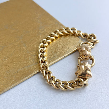 Estate 14KT Yellow Gold Double Panther Head Diamond Curb Chain Bracelet