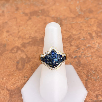 Estate 18KT Yellow Gold Invisible-Set Blue Sapphire + Pave Diamond Scalloped Edge Ring