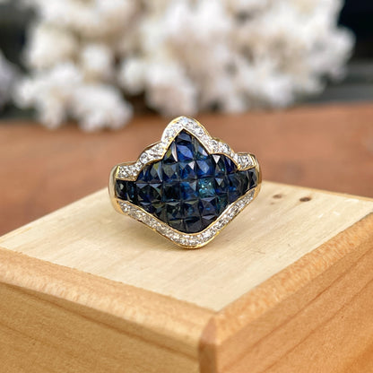 Estate 18KT Yellow Gold Invisible-Set Blue Sapphire + Pave Diamond Scalloped Edge Ring