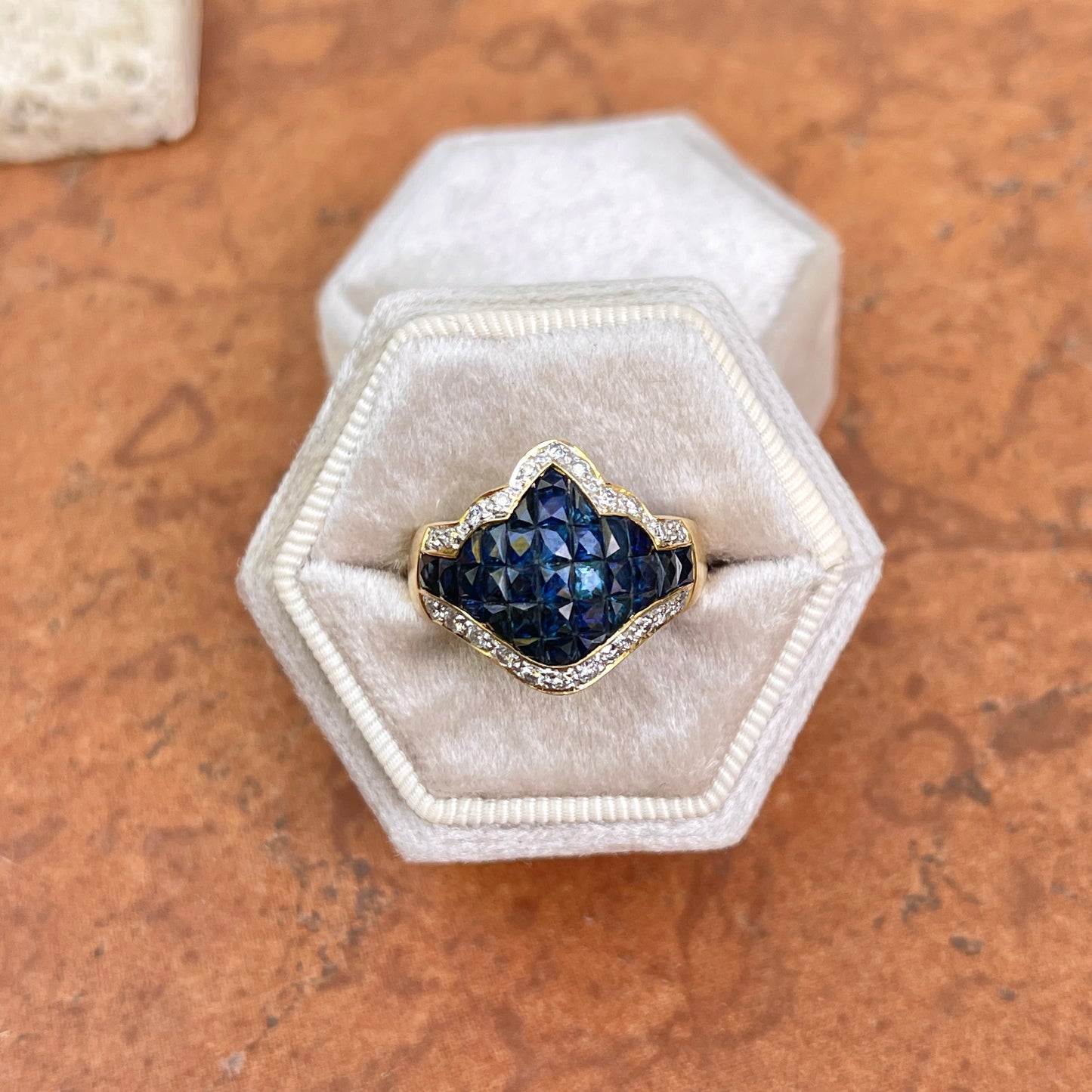 Estate 18KT Yellow Gold Invisible-Set Blue Sapphire + Pave Diamond Scalloped Edge Ring