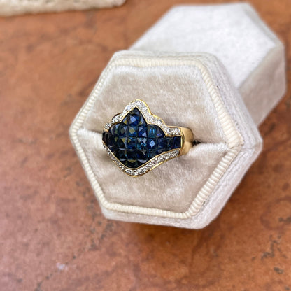 Estate 18KT Yellow Gold Invisible-Set Blue Sapphire + Pave Diamond Scalloped Edge Ring