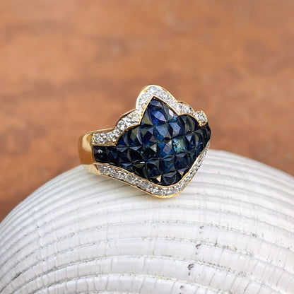Estate 18KT Yellow Gold Invisible-Set Blue Sapphire + Pave Diamond Scalloped Edge Ring