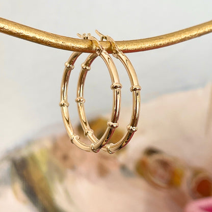 14KT Yellow Gold Bamboo Tube Hoop Earrings 28mm