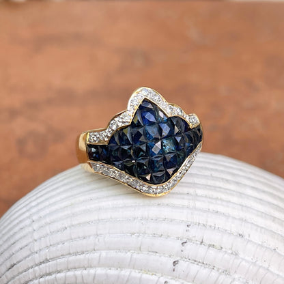 Estate 18KT Yellow Gold Invisible-Set Blue Sapphire + Pave Diamond Scalloped Edge Ring