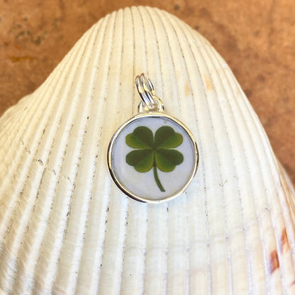 Sterling Silver Irish Painted 4-Leaf Lucky Round Pendant Charm