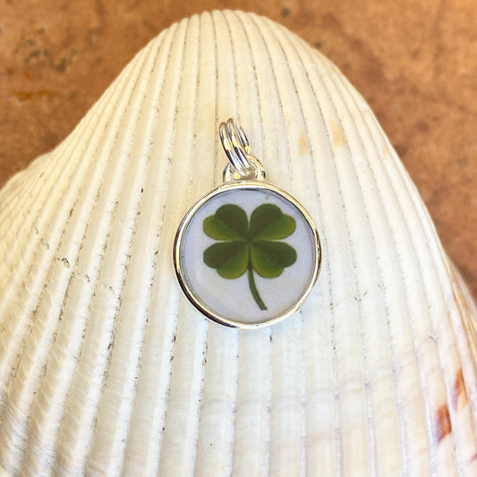 Sterling Silver Irish Painted 4-Leaf Lucky Round Pendant Charm